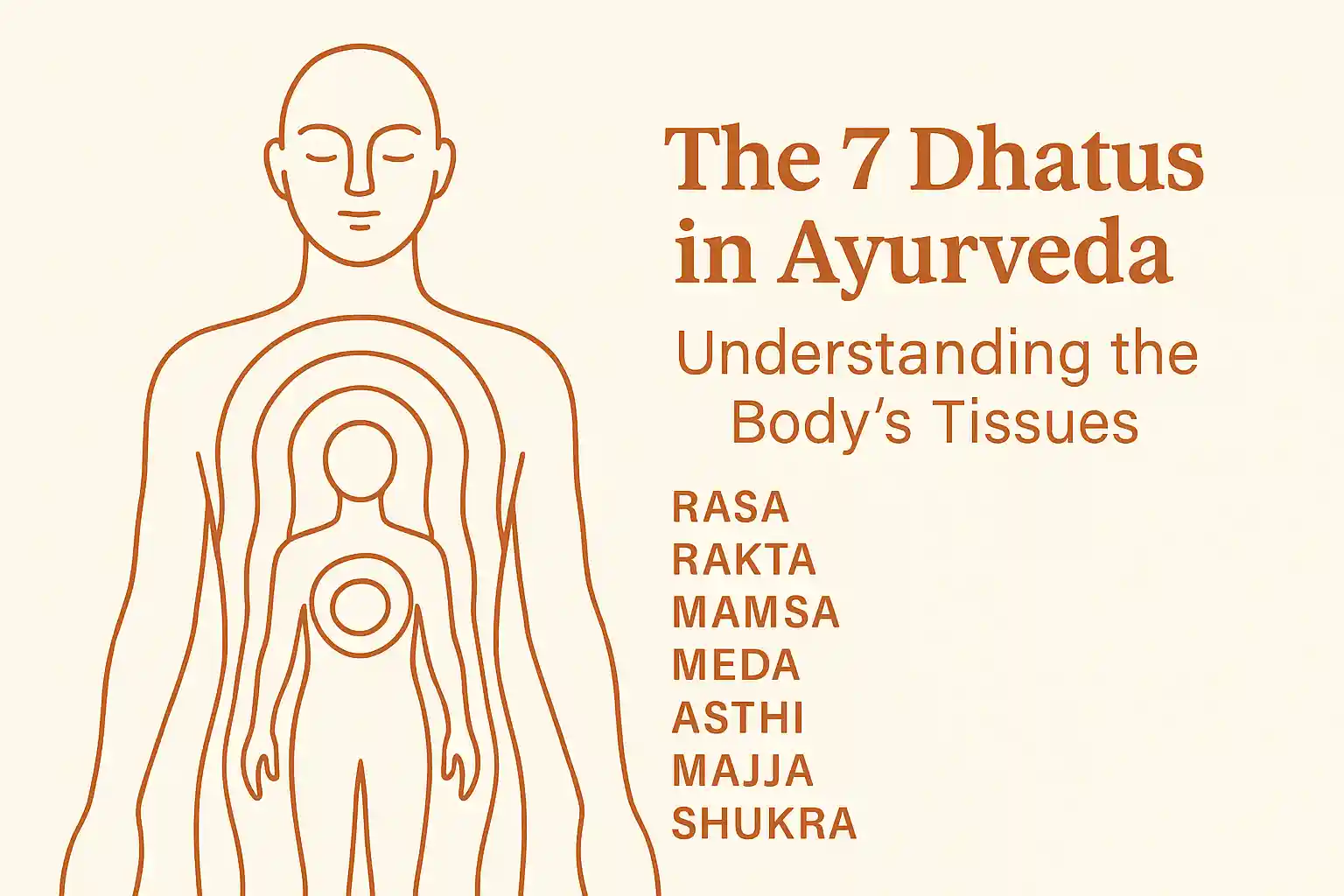 The 7 Dhatus in Ayurveda - Understanding the Body's Tissues: illustrated guide showing the seven vital tissues from Rasa (plasma) to Shukra (reproductive tissue) in traditional Ayurvedic style