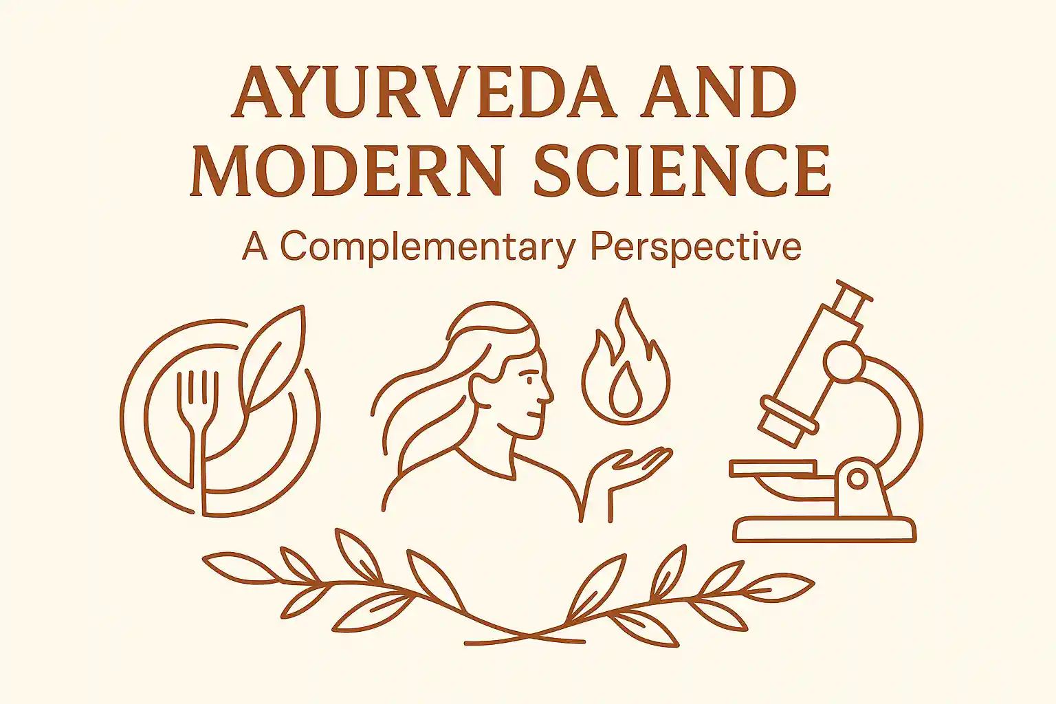 Ayurveda and Modern Science - A Complementary Perspective - illustrated guide showing ancient Ayurvedic symbols merging with modern scientific elements like microscope and natural herbs in harmonious balance