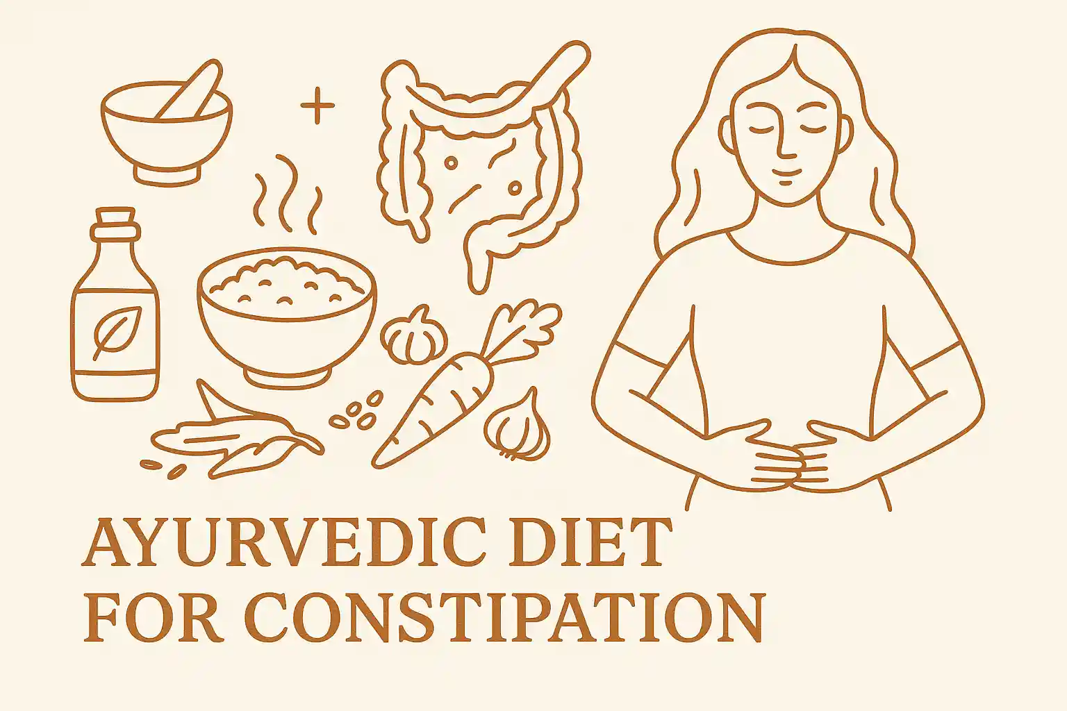 Ayurvedic Diet for Constipation - traditional remedies featuring ghee, Triphala powder, warm milk, stewed fruits, and digestive herbs arranged in brass bowls with soft warm lighting