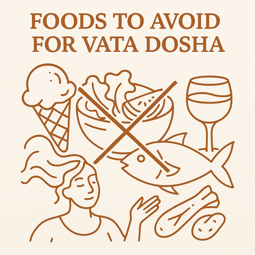 Foods to Avoid for Vata Dosha - Ayurvedic guide showing cold, dry, and light foods that aggravate Vata with traditional elements and warming alternatives