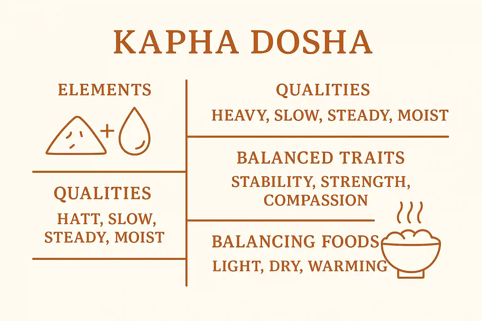 Kapha Dosha infographic showing earth and water elements, qualities (heavy, slow, steady, moist), balanced traits (stability, strength, compassion), and balancing foods (light, dry, warming)