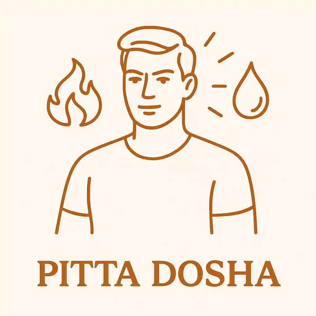 Pitta Dosha characteristics illustration showing a person with fire and water elements, representing the warm, focused nature and transformative energy of Pitta constitution