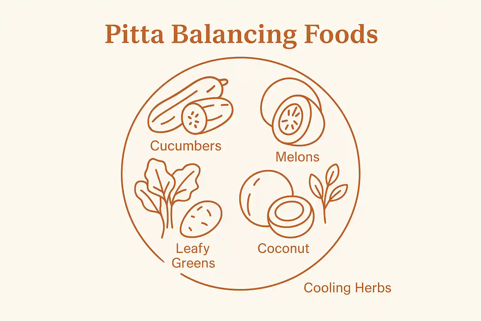 Pitta balancing foods illustration showing cucumbers, melons, leafy greens, coconut, and cooling herbs in terracotta styling - foods that help cool and pacify excess Pitta heat