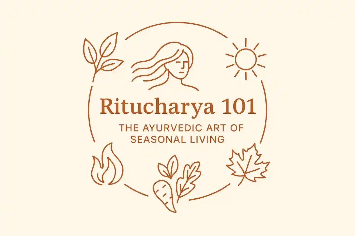 Ritucharya 101: The Ayurvedic Art of Seasonal Living - elegant circular design featuring woman with flowing hair, sun, spring leaves, summer fire, autumn maple leaf, and winter root vegetables, representing the four seasons in Ayurvedic harmony