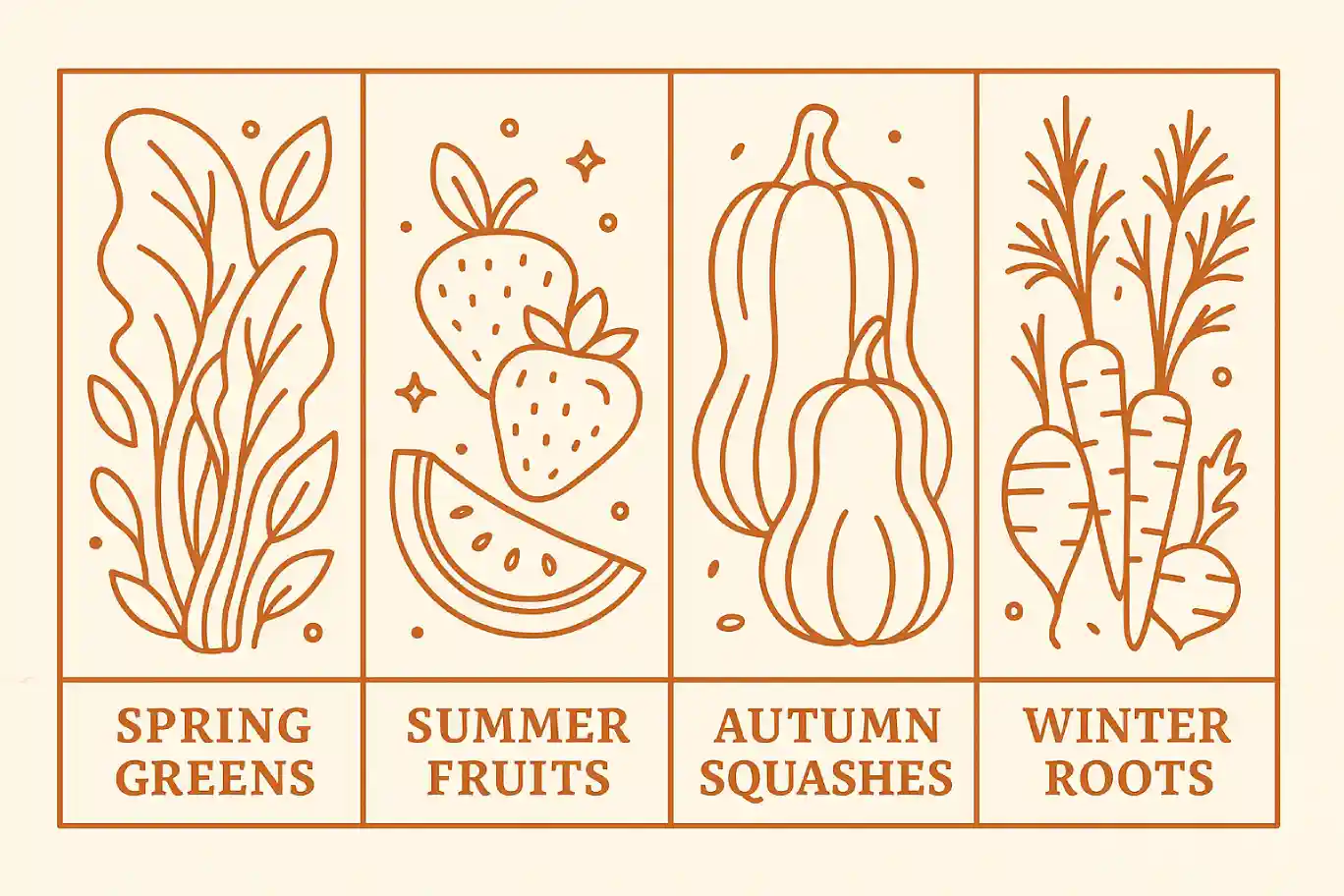 Illustrated guide to seasonal Ayurvedic foods: spring greens and leafy vegetables, summer fruits including strawberries and watermelon, autumn squashes and gourds, winter root vegetables like carrots and radishes