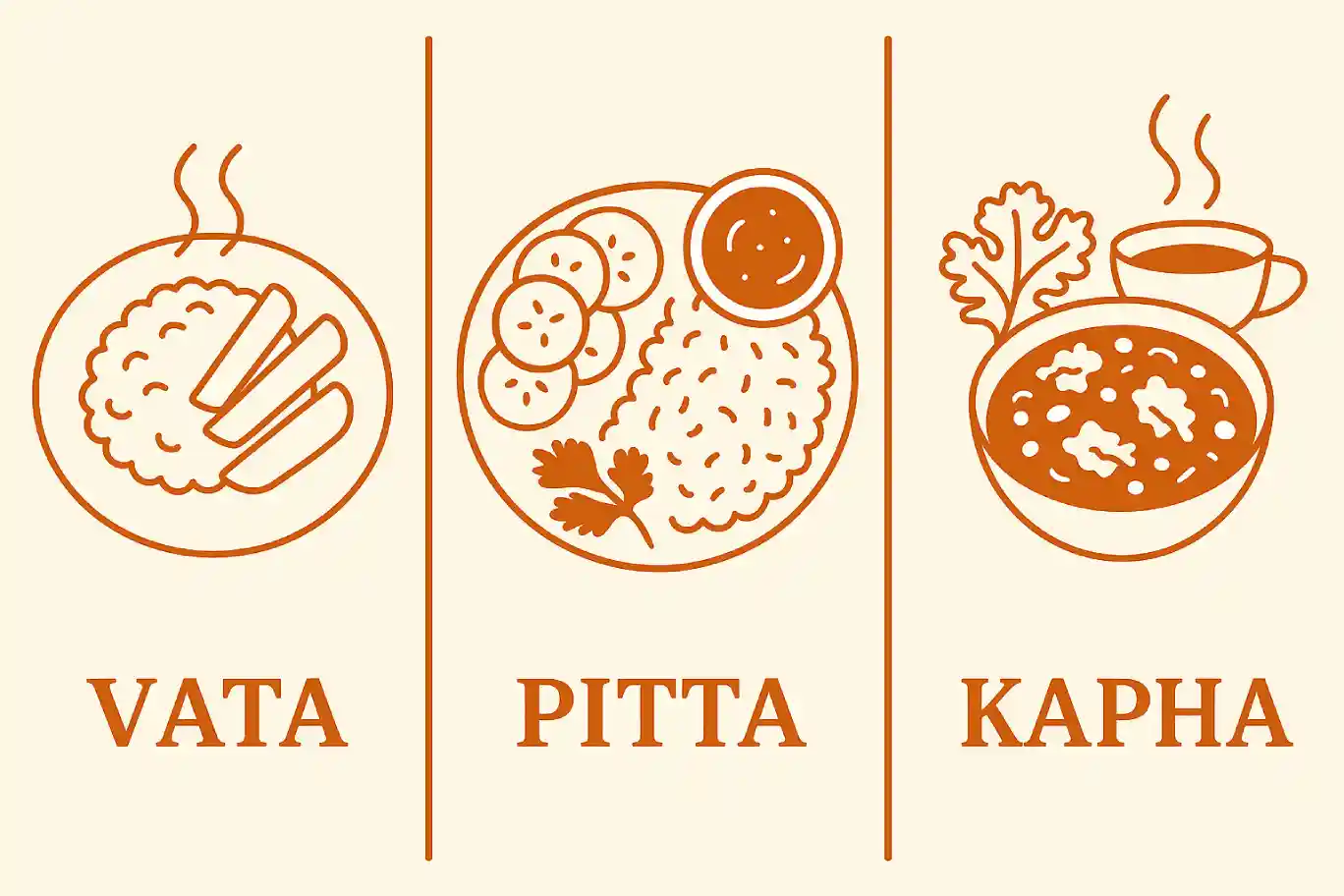 Illustrated guide to three dosha meal types: Vata plate with warm grounding foods like rice and root vegetables, Pitta plate with cooling foods like cucumber and rice with fresh herbs, Kapha bowl with light warming soup and herbal tea