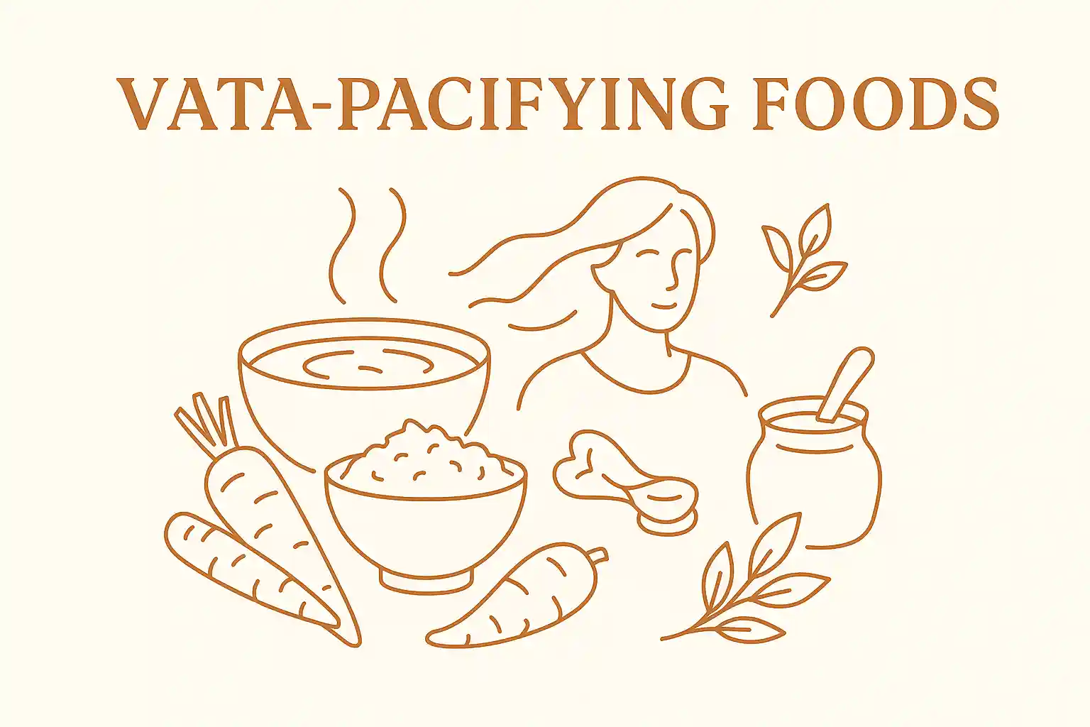 Vata-Pacifying Foods - illustrated guide showing a peaceful woman enjoying warm foods including steaming soup, cooked grains, root vegetables, ginger, and herbs in warm earthy tones