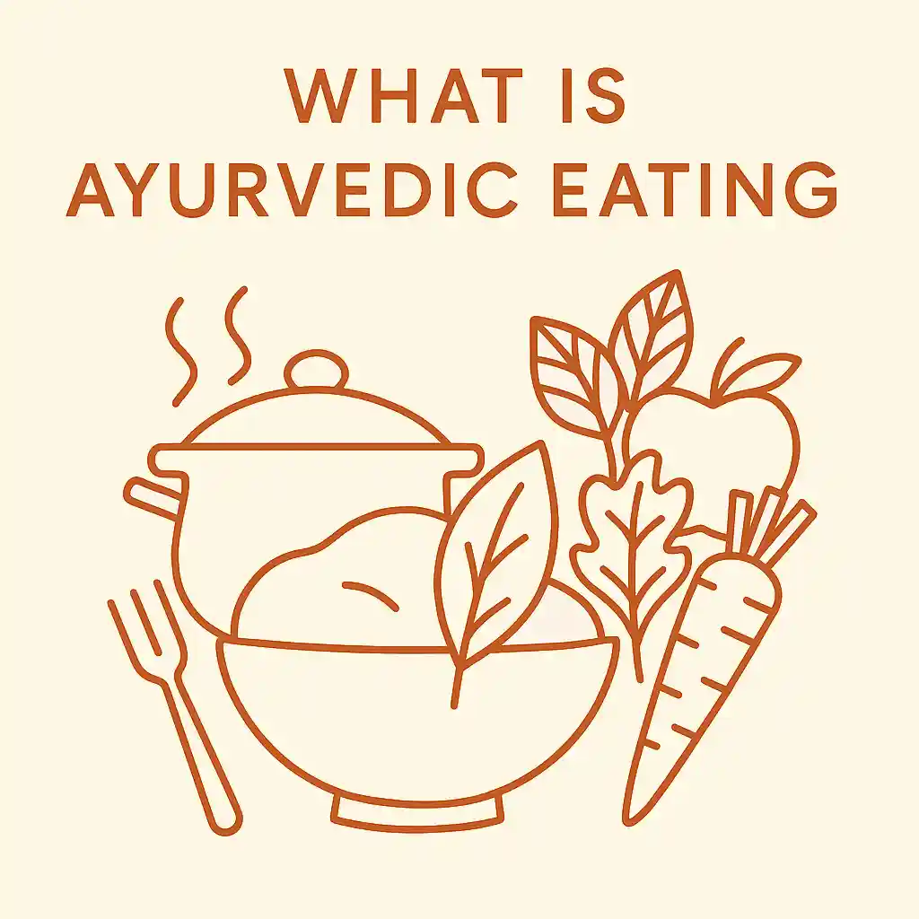 What Is Ayurvedic Eating - illustrated guide featuring a steaming bowl with fresh vegetables, herbs, apple, carrot, and cooking utensils in warm terracotta tones